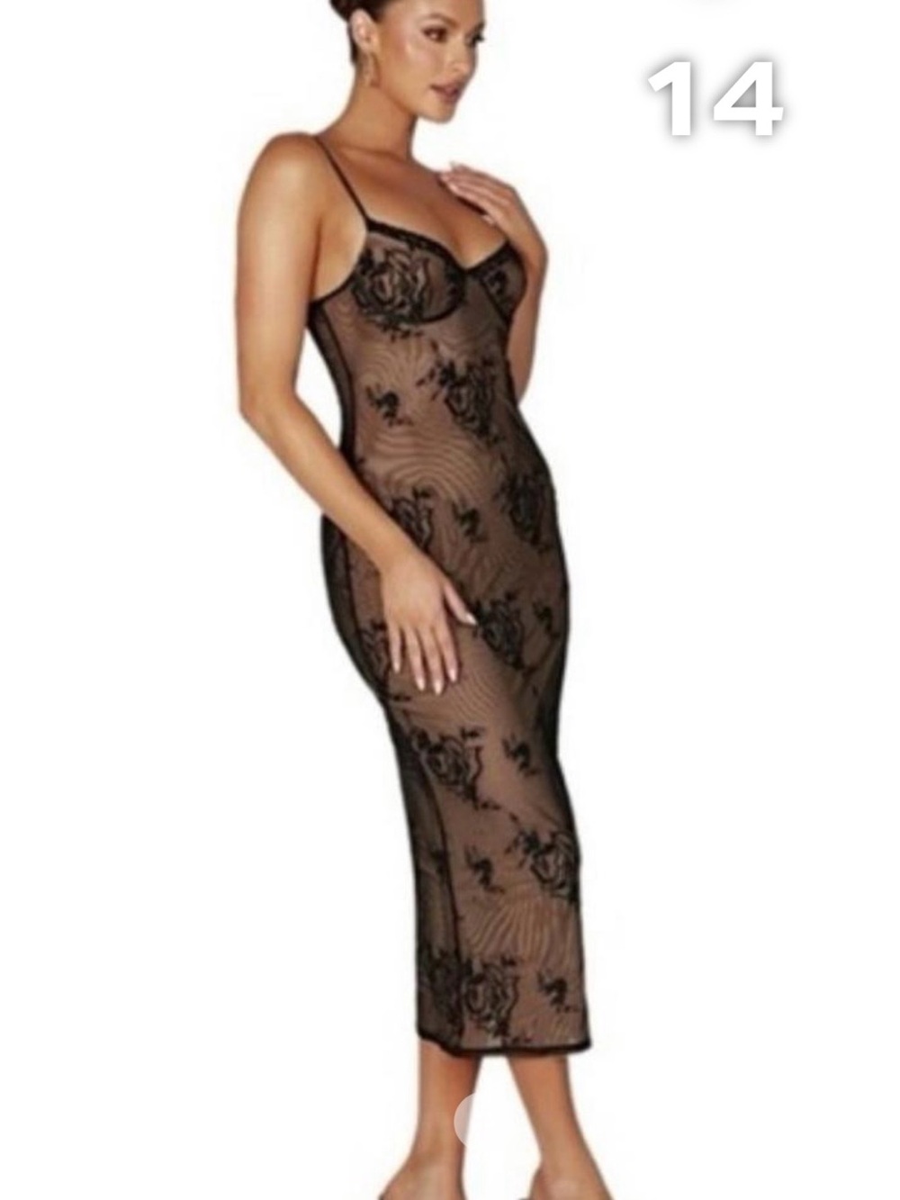 Meshki Black Sheer Floral Lace Slip Dress